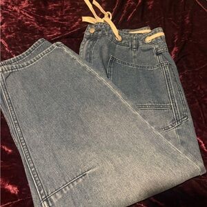 Light Wash Denim Barrel Jeans with Drawstring Waist